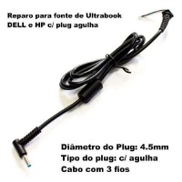 CABO PLUG REPARO REPOSIÇÃO FONTE CARREGADOR ULTRABOOK HP DELL PINO AZUL (4.5 mm X 2.7 mm com pino interno) CR126